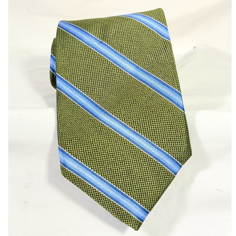 Brooks Brothers Olive Green Diagonal Stripe Men's Tie silk Blue Accents 59"x3.5"